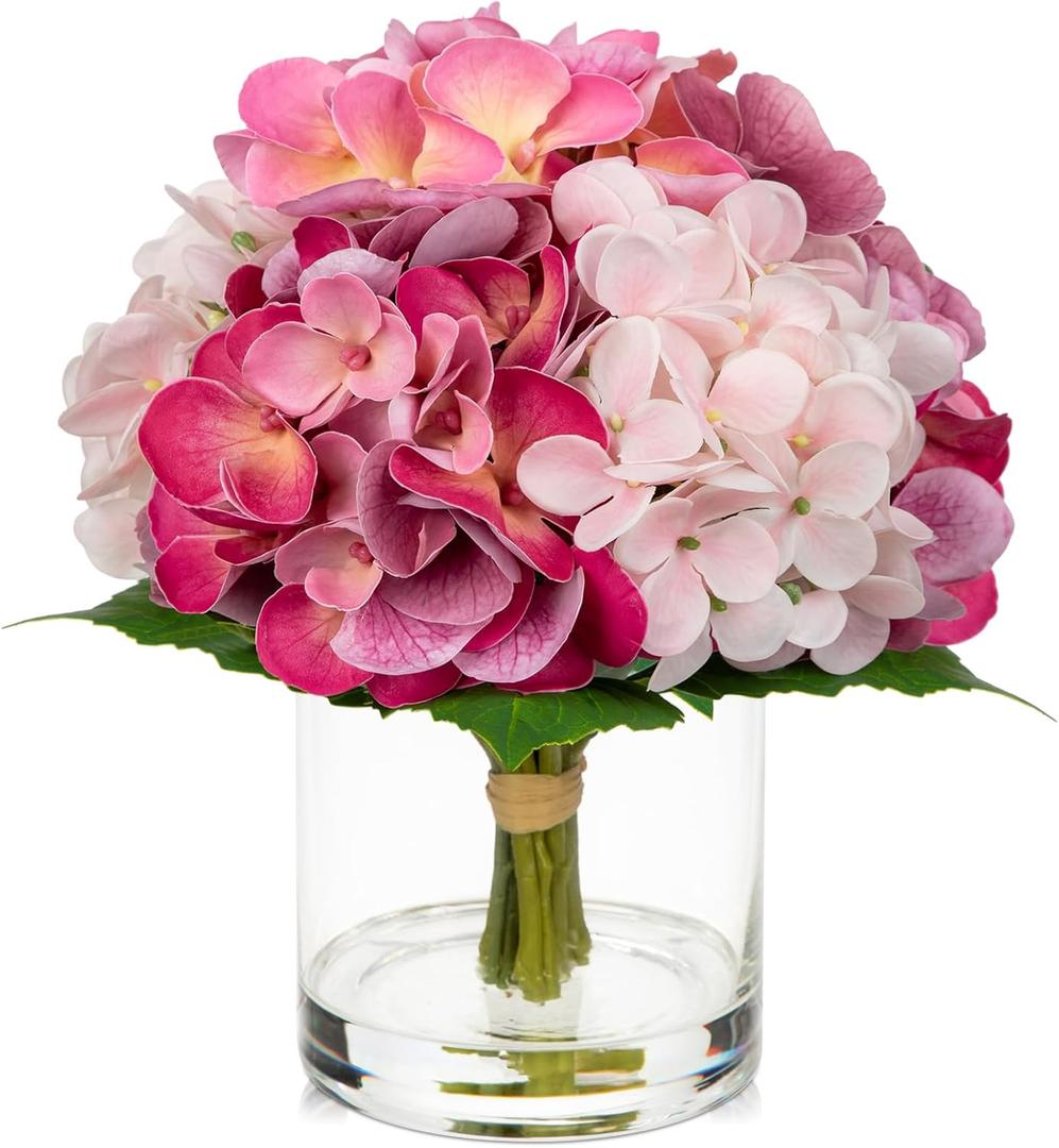 Hollyone Real Touch Pink Hydrangea Artificial Flowers in Vase Latex Small Faux Hydrangea Flowers Arrangements Hydrangeas Fake Flower with Glass Vase with Faux Water for Table Centerpiece Home Decor
