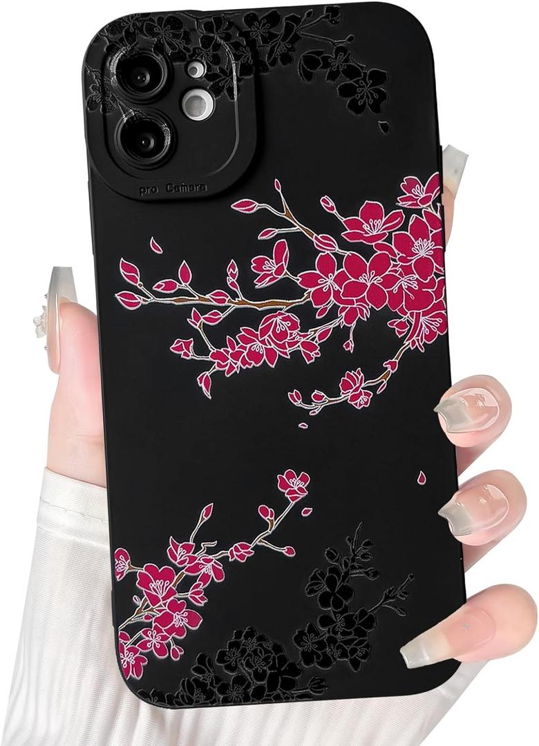NITITOP Compatible with iPhone 11 Case Cute Aesthetic Cherry Blossom Pattern Design for Women Girls Soft TPU Shockproof Full Camera Protective Phone Cover - Black Rose Red
