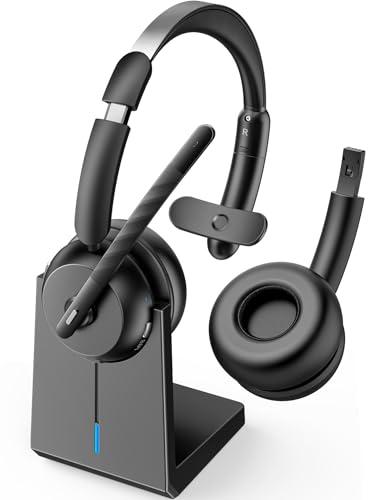 COSMUSIS Wireless Headset with Mic for Work, Bluetooth 5.3 Headsets with Microphone and Detachable Earpads, 50H Playtime with Charging Base, Noise Cancelling Headphones for Work with Mic Mute