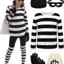 URATOT Kid's Robber Costume Set Black and White Striped Tee Shirt Canvas Bag Gloves Eye Patch and Beanie Cap (10-12 Years)