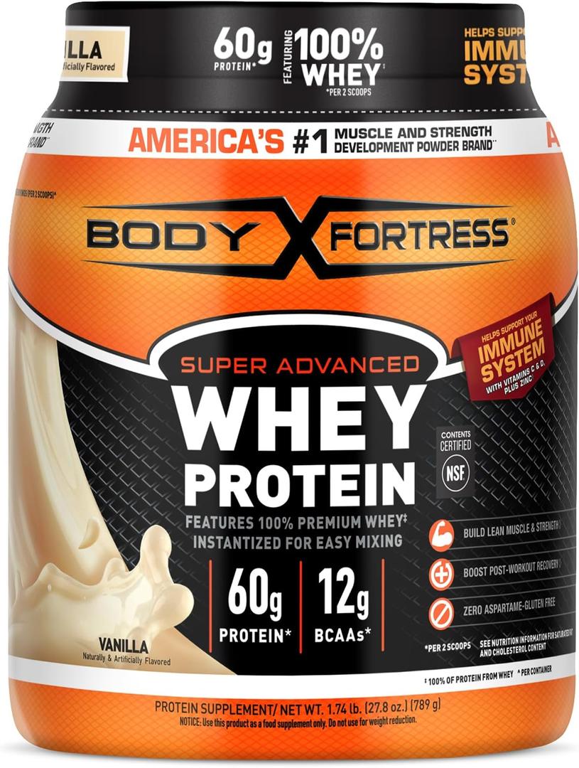 Body Fortress Super Advanced Whey Protein Powder, Gluten Free, Vanilla, Immune Support (1), Vitamins C & D Plus Zinc, 1.74 lbs (EXP 03/12/27)