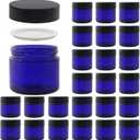 24 Pack 2 oz Round Blue Glass Cosmetic Jars with Inner Liners and Black Lids, Travel Jars, Refillable Containers for Makeup, Cream, Lotion, Sugar Scrubs, Eye Shadow, Slime, Paint, Jewelry