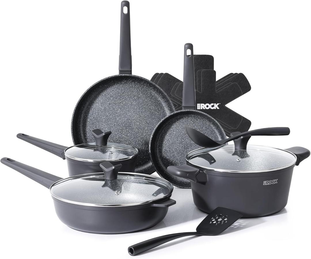 THE ROCK SOHO 15Pcs Cookware Set  Pots and Pans Set Non Stick with ROCK.TEC  Compact for Urban Kitchens, Nothing Sticks, Never Warps, Lasts Longer, Induction & Dishwasher Safe, Black