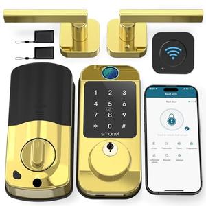SMONET Smart Lock WiFi Door Lock with Lever Handle, Gold Keyless Entry Fingerprint Deadbolt,Remote Control App,Auto Lock, Easy to Install,Brass