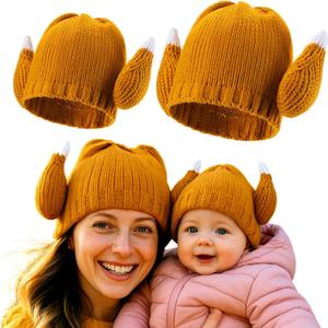 Toulite Thanksgiving Turkey Hats Warm Knitted Roasted Turkey Leg Hats Funny Brown Chicken Crochet Beanie Costume (1-5 Years Old, Adults)