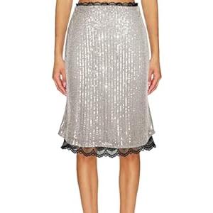 SEBOWEL Women Sequin Skirt Bodycon Glitter Sparkly Short Skirts Lace Trim Pencil Midi Skirt Elegant Night Out Party Skirt, Silver, L