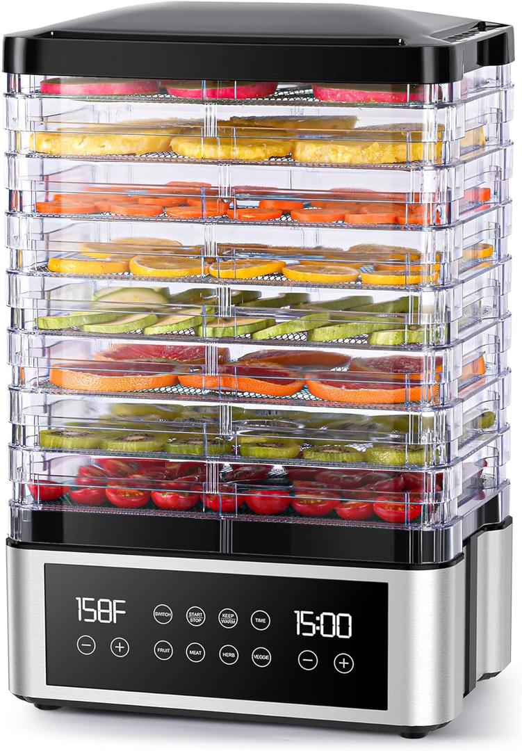 Food Dehydrator Machine, 8 Stainless Steel Trays Food Dehydrator with 48H Digital Adjustable Timer & Temperature Control, Dehydrators for Jerky, Fruit, Veggies, Meat, Herbs, Dog Treats, Black