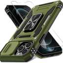 DEERLAMN Case for iPhone 12 Pro Max with Slide Camera Cover+Screen Protector(1 Pack),Rotated Ring Kickstand Military Grade Shockproof Protective Cover 6.7 Inch-Olive Green