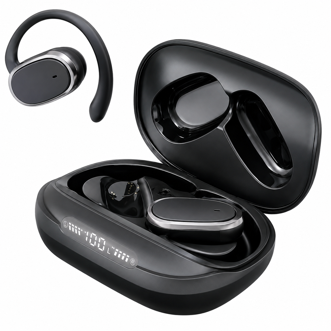 True Wireless Open Ear Bluetooth Earbuds with Rechargeable Case and Sweatproof Design