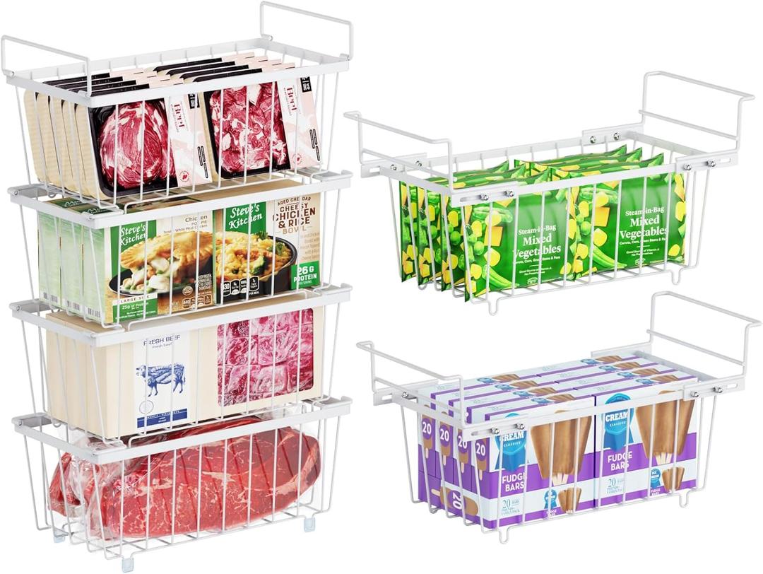 iSPECLE Deep Freezer Organizer Bins - 15.8~18.1 Inch Freezer Baskets for Chest Freezer, 7 Cu.Ft Chest Freezer Organizer Bins, 2 Small Expandable Hanging Baskets and 4 Stackable Bins, 6 Pack, White