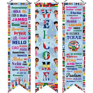Outus 3 Pcs World Flag Banner Flag Decoration Welcome International Banner Porch Sign Country Flags for International Party Supplies Around the World Sports Events Club Classroom Decor (Cute)