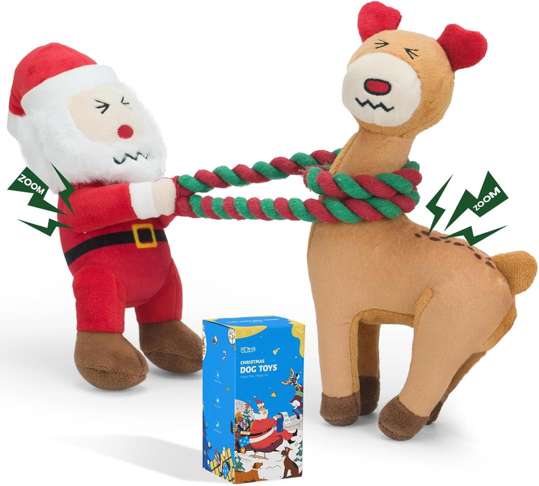 UNISE Christmas Dog Toys, 2 Pack Squeaky Dog Toys, Stuffed Dog Toys for Large Medium Small Dogs, Dog Christmas Toys with Detachable Rope, Crinkle Dog Toys to Keep Them Busy - Santa Claus & Reindeer