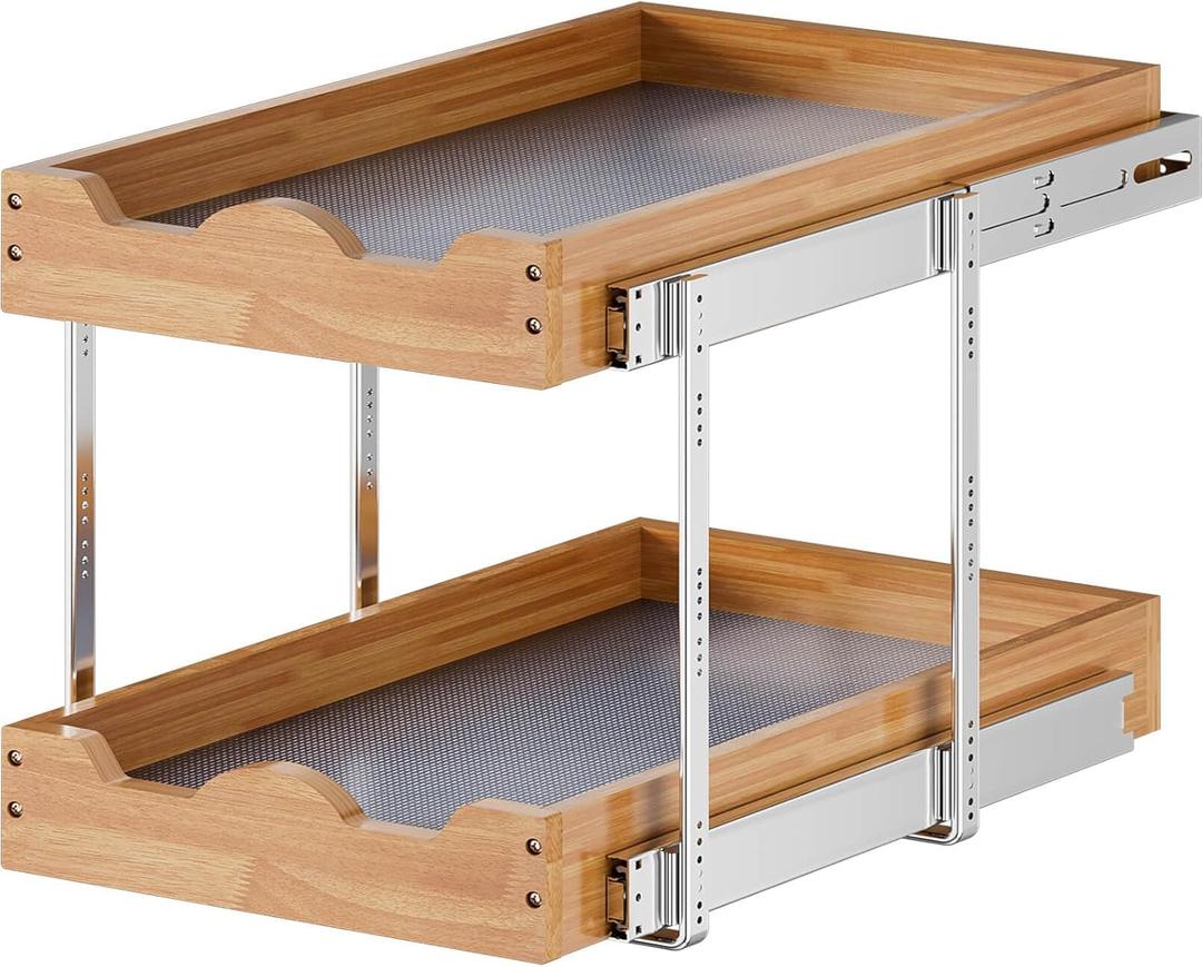OCG Pull Out Drawers For Cabinets 14"W x 21"D, 2 Tier Heavy-Duty Slide out Wood Drawer Shelf, Pull Out Drawer for Cabinets, Base Cabinet Organization for Kitchen, Pantry, Bathroom
