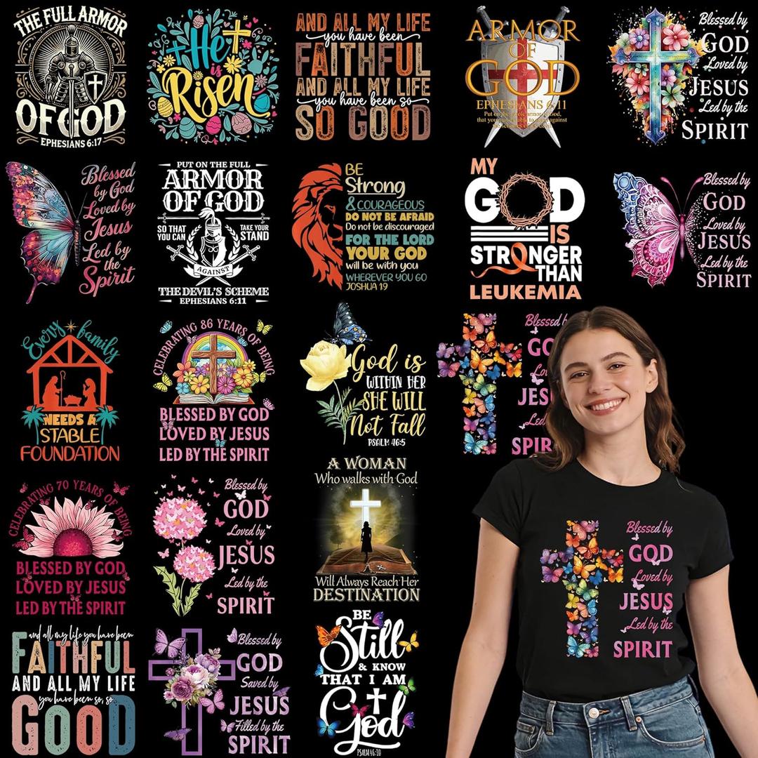 Dazoratix Religious Iron on Transfers - 20 Sheets Christian Jesus DTF Ready to Press Bible Verse God Cross Heat Patches Stickers Vinyl Decals for T Shirts Clothes Bag Hat Pillow DIY Crafts Decorations