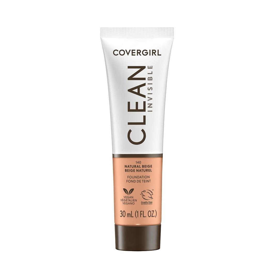 4 x COVERGIRL Clean Invisible Foundation Makeup, Dewy & Glowy Finish, Buildable Coverage, Skin-Like Smooth Look, Vegan, Natural Beige, 1oz