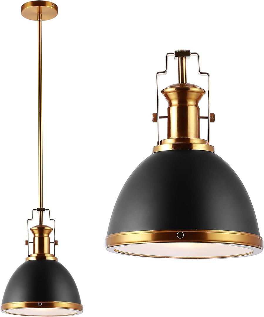 JONATHAN Y 10" Black/Brass Gold Modern Industrial Iron LED Dome Pendant Light, Adjustable Hanging Fixture for Kitchen Island or Entryway, Black Metal Shade, LED Bulb Included JYL9535A