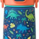 Fimibuke Kids Insulated Water Bottle with Straw Lid & Handle - 14oz BPA FREE 18/8 Stainless Steel Metal Tumbler Leak Proof Double Wall Vacuum Kids Cup Toddler Water Bottle for School Boys Girls, Dinosaur