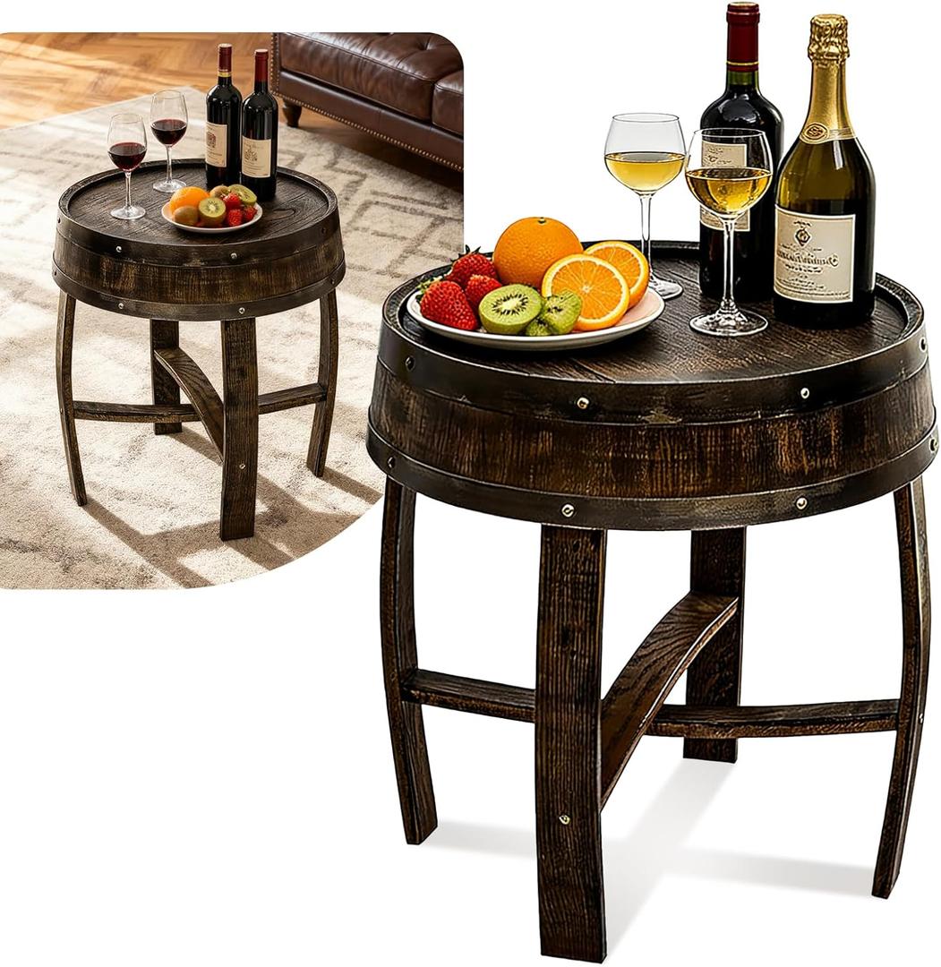Solid Oak Whiskey Barrel Side Table (24″×22″), Rustic Round End Coffee Table for Home Bar & Game Room Decor, Handcrafted Solid Wood Furniture for Living Room Sofa, Easy Assembly