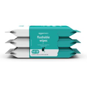 3 x Amazon Basics Adult Wet Wipes Flushable formulated without Fragrance, 126 Count (3 Packs of 42) Packaging May Vary