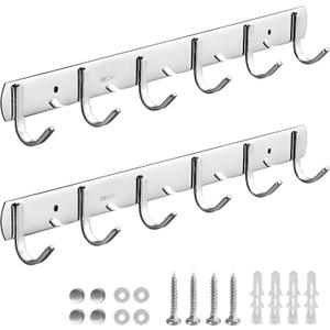 Coat Rack Wall Mounted - 6 Hooks, 304 Stainless Steel, Metal Coat Hook Rail for Coat Hat Towel Purse Robes Mudroom Bathroom Kitchen Entryway (Silver, 2 Packs)