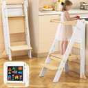 Foldable Toddler Tower, Wooden Toddler Kitchen Stool with 3 Adjustable Heights and Removable White/Blackboard, Montessori Foldable Learning Tower Kitchen Stool, Natural Wood