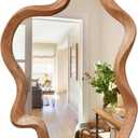 Irregular Wall Mirror,24"x 36"Asymmetrical Mirror Wood,Wooden Framed Wall Mirror,Modern Large Vanity Bathroom Mirror,Walnut Wavy Mirror for Entryway,Bedroom,Living Room,Washroom