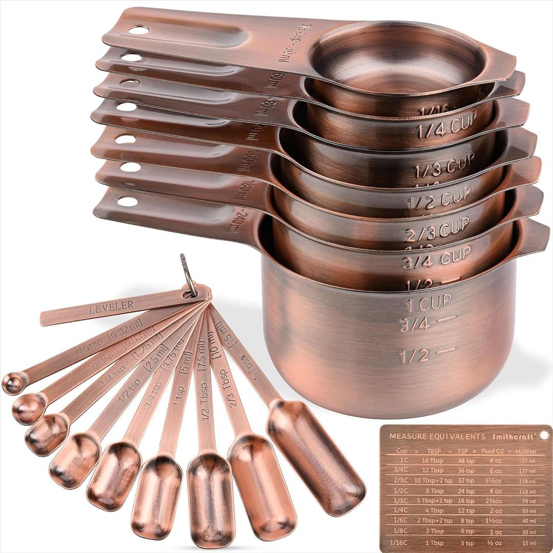 Smithcraft Measuring Cups and Spoons Set, Copper Measuring Cups and Spoons Set for Dry & Liquid, Metric&US 7 Stainless Steel MeasureR Cup&9 Spoon Leveler & Measure Equivalents for Kitchen & Baking