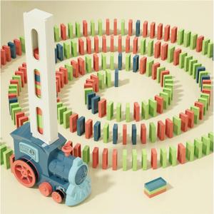 PREPHY Domino Train Toys Kids Games - Automatic Stacking Creative Game 3+ Year Old - Stem Montessori Toy for Boys 4-6 - Summer Autistic Christmas Birthday Gifts 5 6 Toddler Ages 4-8 (Morandi Blue)