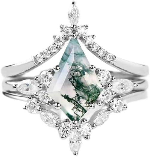 Natural Moss Agate Ring 925 Silver Moss Agate Engagement Ring Set Promise Wedding Ring Rhombus Green Moss Stone Aqua Agate 3 Piece Couple's Ring Emerald Ring Rose Gold Ring Gift for Women5Silver