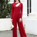 RONGTAI One Piece Jumpsuit for Women Long Sleeve Cutout Neck High Waist Dressy Casual Stright Leg Romper (Red, M)