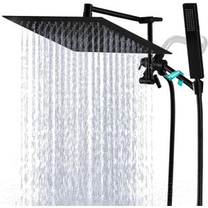 All Metal Rain Shower Head with Handheld Combo, YDmeet 12 Inch Rainfall Shower Head, Stainless Steel Hand Wand, 3 Mode Diverter, 14" Adjustable Extension Arm w/Lock Joints, Extra Long Hose, Black