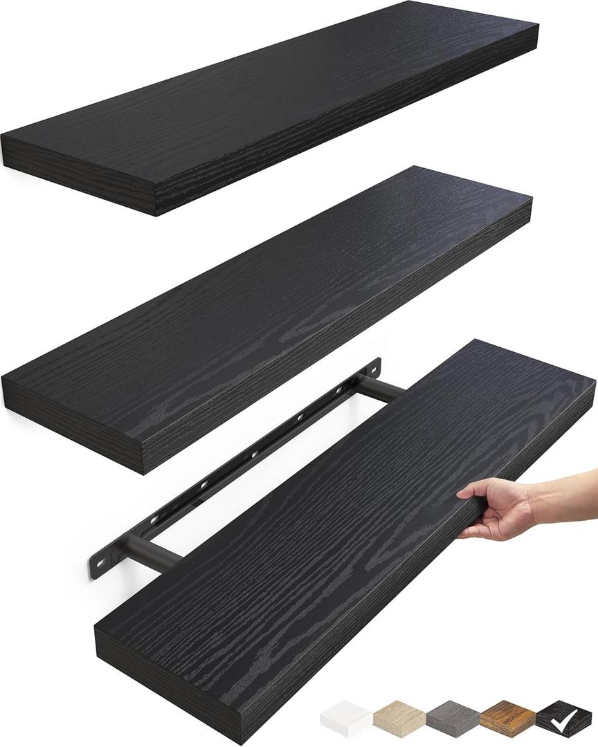 BAYKA Floating Shelves for Wall, Set of 3, 22.5 Inches Wall Mounted Rustic Wood Shelves for Bathroom, Bedroom, Living Room or Kitchen Decor, Storage for Books, Lego, Plants, Daily Necessities, Black
