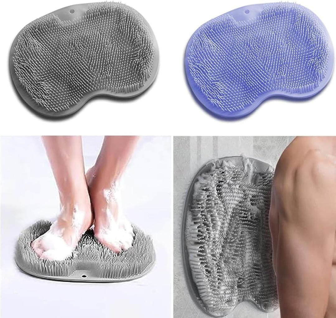 2 Pack Shower Back & Foot Scrubber, Wall Mounted Back Scrubber Silicone Bath Massage Cushion Brush with Suction Cups, Bathroom Wash Mat Exfoliating Dead Skin Brush (L-Blue Grey)