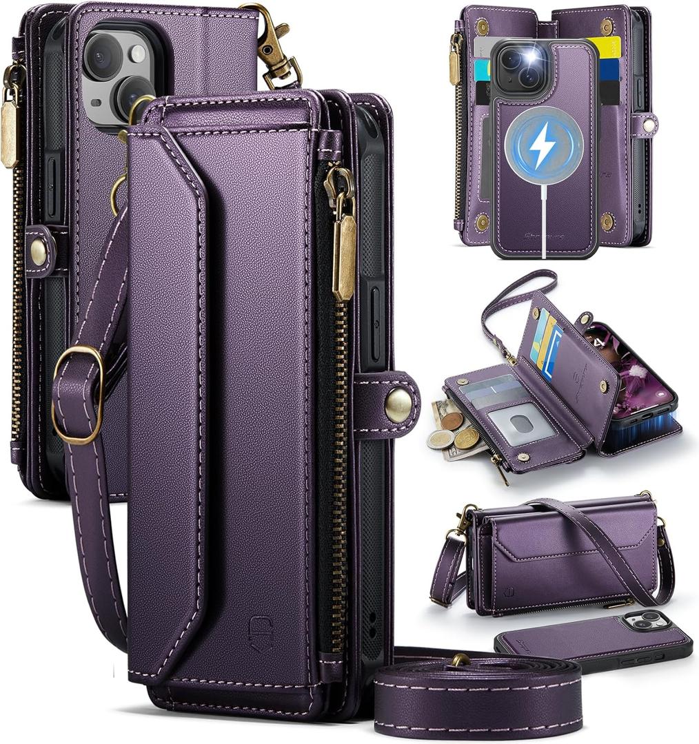 Strapurs for iPhone 15 Plus Detachable Wallet Case Compatible with Magsafe, RFID Blocking 9-Card Holder Zipper Wrist Strap Lanyard PU Leather Magnetic Phone Case for iPhone 15 Plus 6.7", Purple