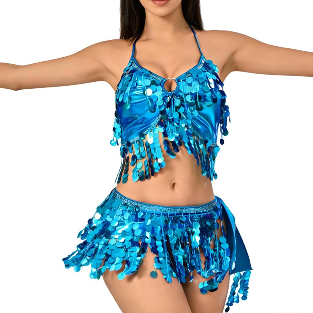SEAUR Belly Dancer Outfit Set Sequin Fringe 2 Piece Adjustable Sparkly Skirt Top Hip Scarf for Dance Competition Festival Party Carnival Blue One Size