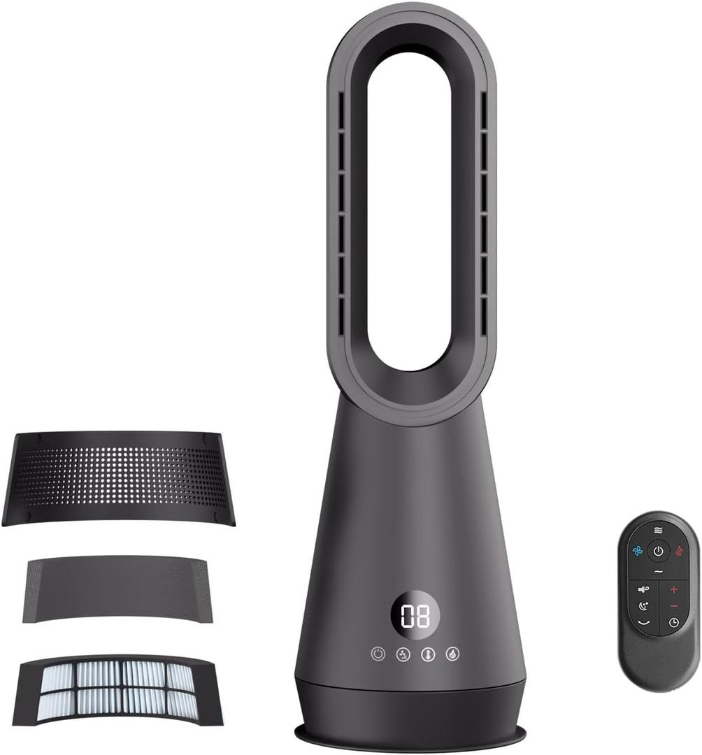 3-in-1 Bladeless Tower Fan for All-Season Warmth and Cooling, 22'' Air Purifier Combo, 90° Oscillating Fast Air Circulator, Quiet Portable Fan for Bedroom Home Office, Black