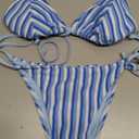ZAFUL Women's Colorful Stripes Halter Flocking Textured Triangle Tie Side String Bikini Set High Cut Two Piece Bathing Suit (Medium, A02 Blue)