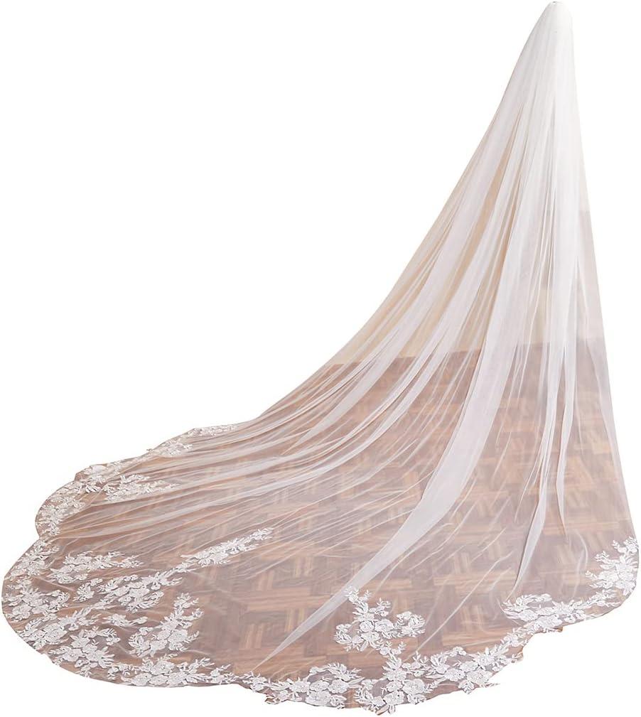 EllieWely Cathedral Length 1 Tier Lace Wedding Bridal Veil F13 (3M*3M (118 inch), Ivory)