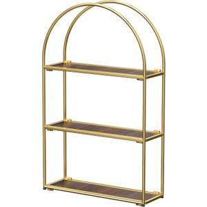 Crofy Gold Arched Frame Wall Shelf, Decorative 3 Tier Bathroom Wall Shelf with Walnut Finish Shelves and Robust Storage Capacity, 6" D x 17.9" W x 28.57" H