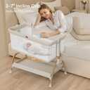 Baby Bassinet Bedside Crib, 3-in-1 Baby Bassinet Bedside Sleeper with Mattress and Soft, Breathable Sheet, Full-Mesh Sides, 6-Height Adjustable, Stable and Secure Crib for Newborns Wood Grain Legs + Beige Bed
