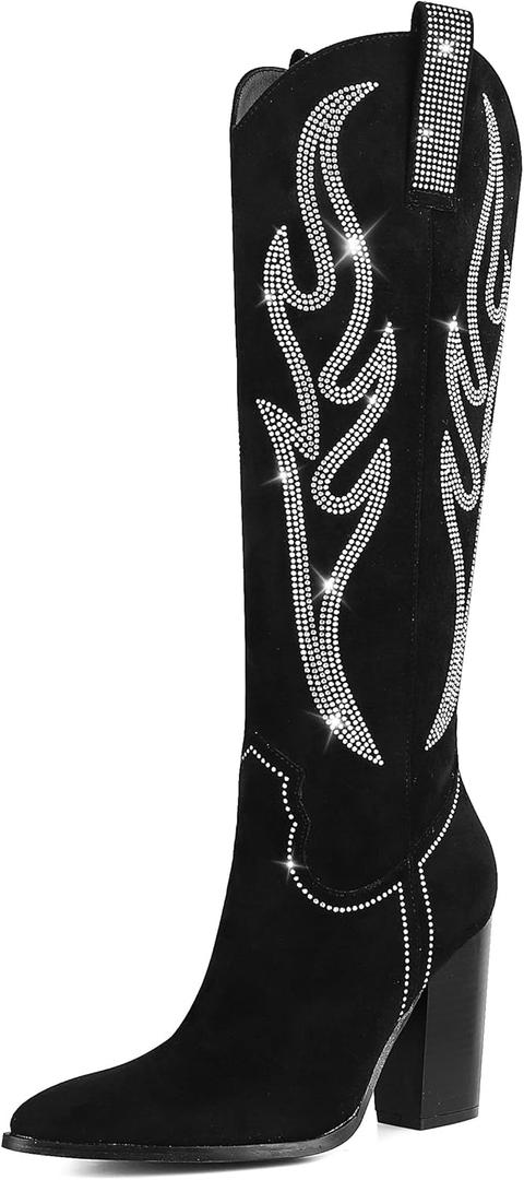 Celbreez Cowboy Boots for Women Cowgirl Boots Women Suede Knee High Boots Rhinestones Embroidered Western Boots Pointed Toe Chunky Heel Side Zip Festival Country Concert Shoes (6, Black)