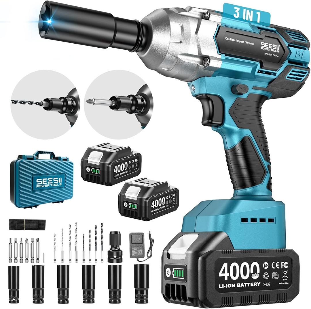 Seesii Cordless Impact Wrench 1/2 inch, High Torque 479 Ft-lbs(650Nm) Brushless Impact Gun,2500RPM w/2x4.0 Battery, 6 Sockets,8 Drill Bits, High Torque Power Impact Driver for Car Home,WH6 Lite