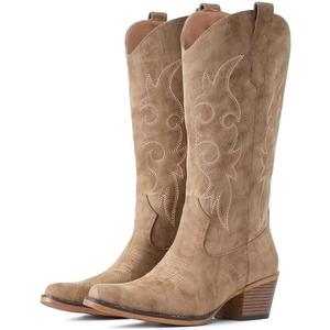 IUV Cowboy Boots For Women Western Cowgirl Boots Mid Calf Snip Toe Boot With Chunky Heel, 8.5, Camel