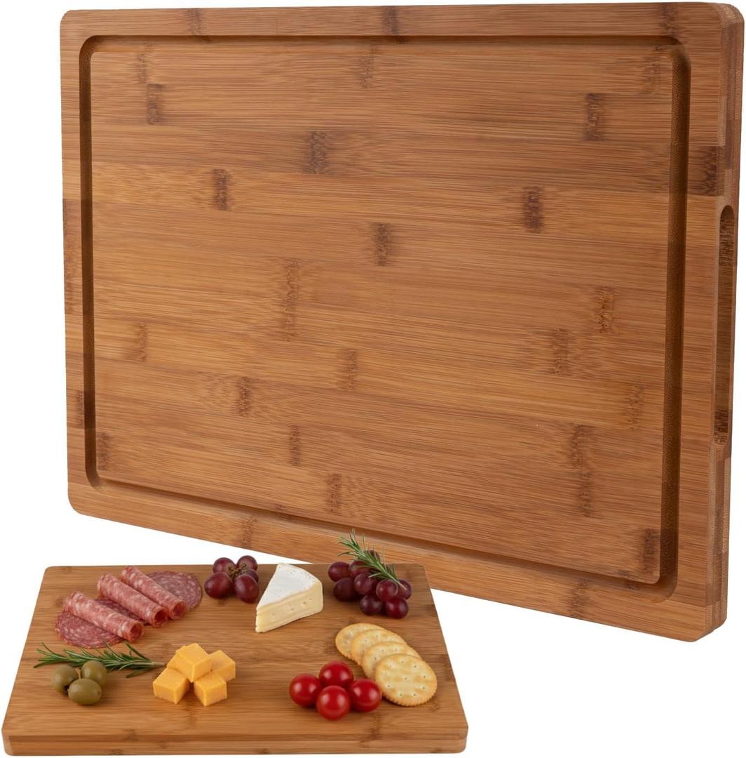 Bamboo Cutting Board, 1" Thick Heavy Duty Wood Chopping Board for Kitchen, Built-in Deep Juice Groove and Handles, Reversible Charcuterie Board for Meat BBQ, Gift for Housewarming, 17x12''
