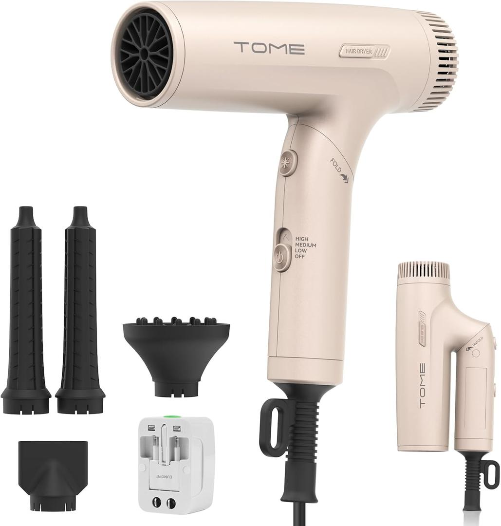TOME Dual Voltage Travel Hair Dryer, Foldable Blow Dryer, DC Motor, 1200W Fast Drying, Cool Shot, 3 Heat 3 Speed, Nozzle, Diffuser, Air-Powered Wrap Wands, 120240V Universal Adapter Pink