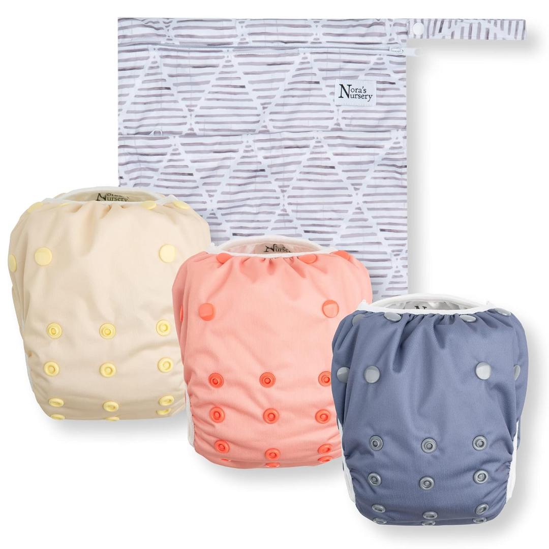 Nora's Nursery Reusable Swim Diapers and Wet Bag  One Size Fully Adjustable  Laguna Unisex 3 Pack with Wet Bag