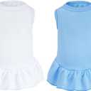 2 Pcs Dog Dresses Cat Skirt Solid Color Dog Clothes Summer Sleeveless Puppy Girl Clothes for Small Pet Dogs Cats (White,Blue, Small)