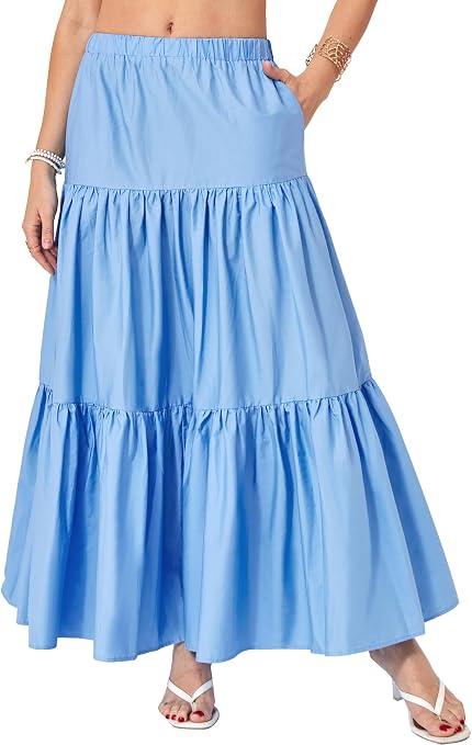Yulaviniee Women's Boho Maxi Skirt with Pockets High Waisted Layered Tiered Casual A-Line Long Flowy Skirts, Blue Medium