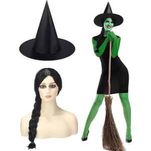 Mepase 2 Pcs Halloween Green Witch Costume Black Long Hair Wig and Black Witch Hat for Movie Halloween Adult Women Cosplay