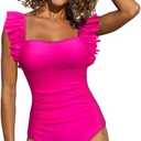 SPORLIKE Women One Piece Swimsuit Ruffle Adjustable Straps Bathing Suit Tummy Control Monokini (Small, Pink)